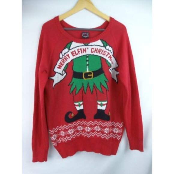 Merry Elfin' Christmas Well Worn Holiday Sweater Ugly Christmas Sweater Large - Picture 1 of 8